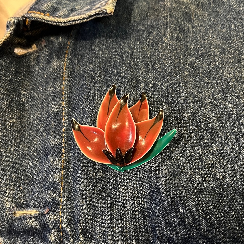 Red and Green Enamel Lotus Flower  Brooch